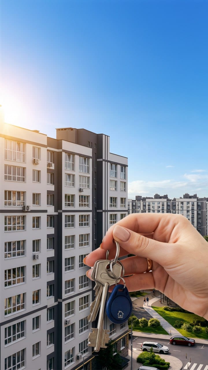 Una mano sostiene un juego de llaves de la vivienda delante de un edificio terminado de SAVO