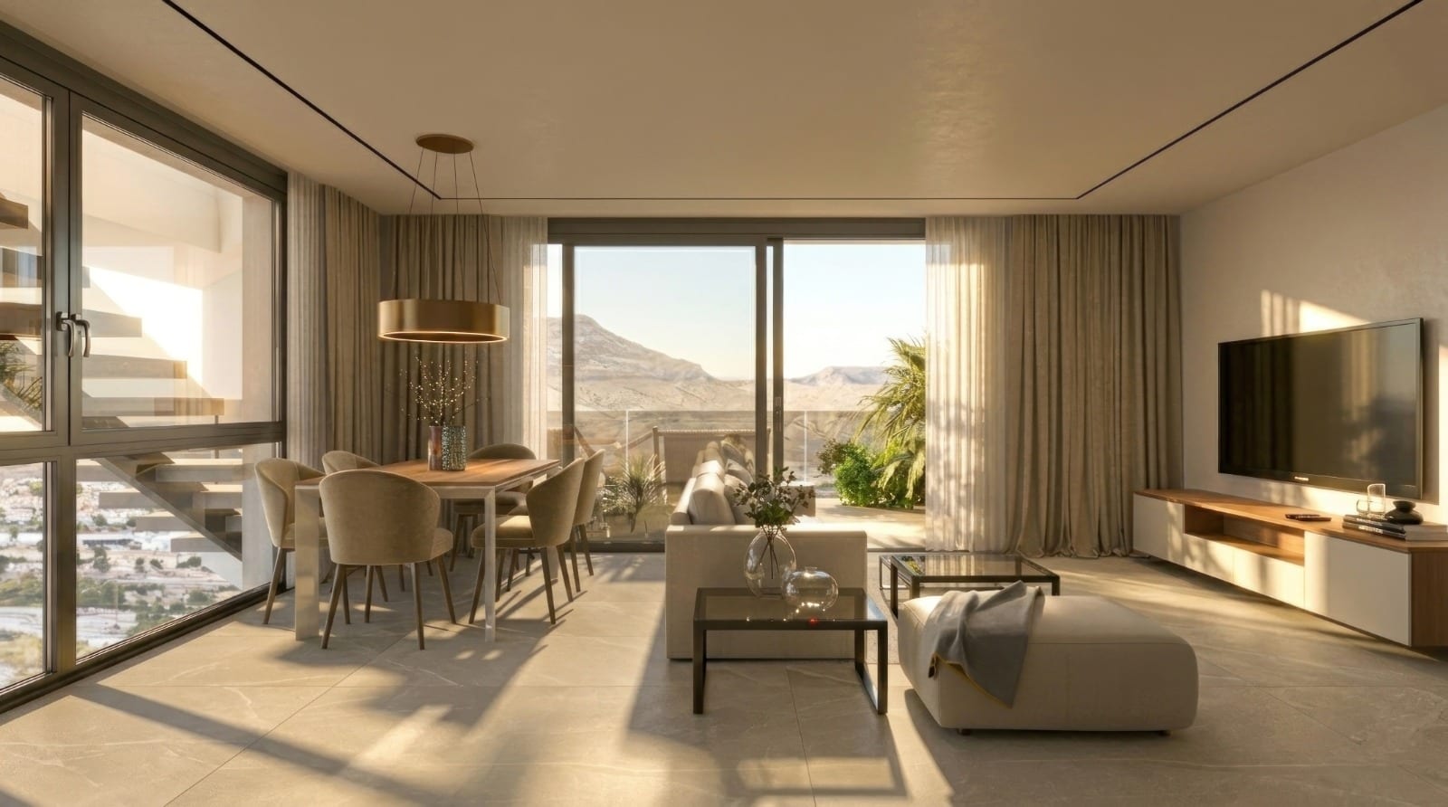 Infografía del proyecto de una vivienda del edificio español: salón y cocina abiertos, acristalamiento de suelo a techo y una terraza hacia las montañas