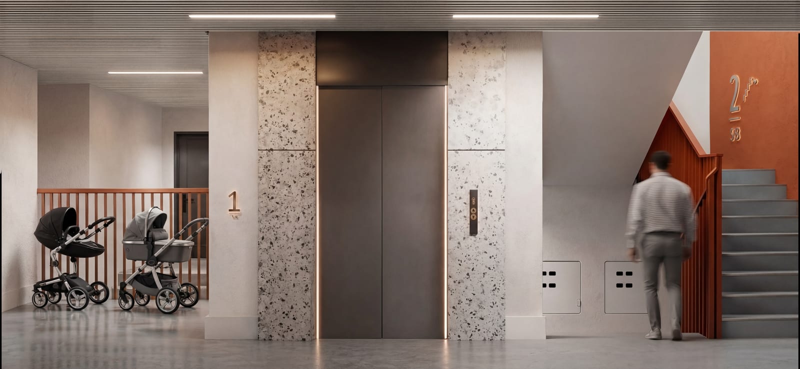 Project visualisation of a common area in a new SAVO building: the lift hall with parking space for prams