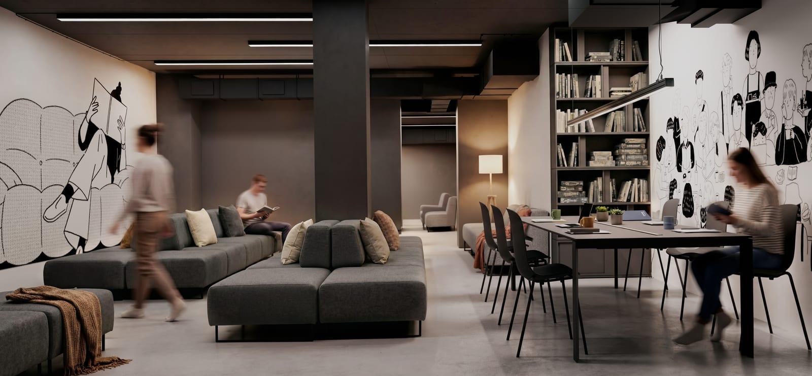 Projectvisualisatie van een gemeenschappelijke lounge in de volgende SAVO-fase: banken, een lange werktafel en een wand met boekenkasten