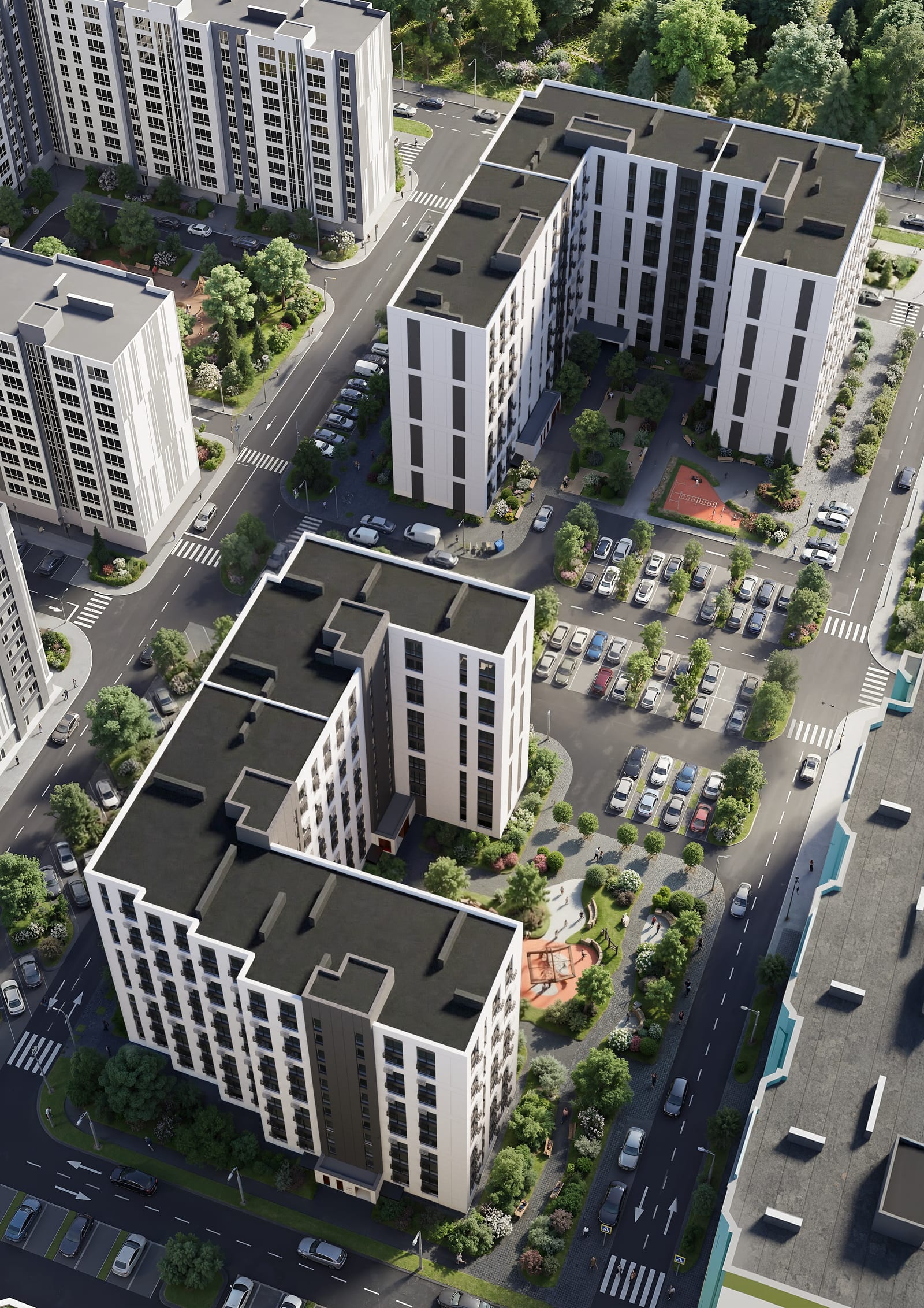 Projectvisualisatie van de volgende SAVO-fase in de regio Kyiv, vanuit de lucht gezien: de nieuwe blokken, hun binnenhoven, het groen en het parkeren