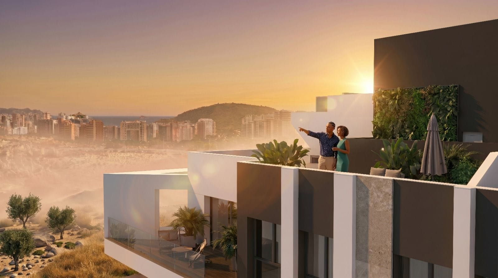 Villajoyosa Residence, Projektvisualisierung: zwei Figuren auf dem Dach mit Blick zur Skyline von Benidorm im Abendlicht.