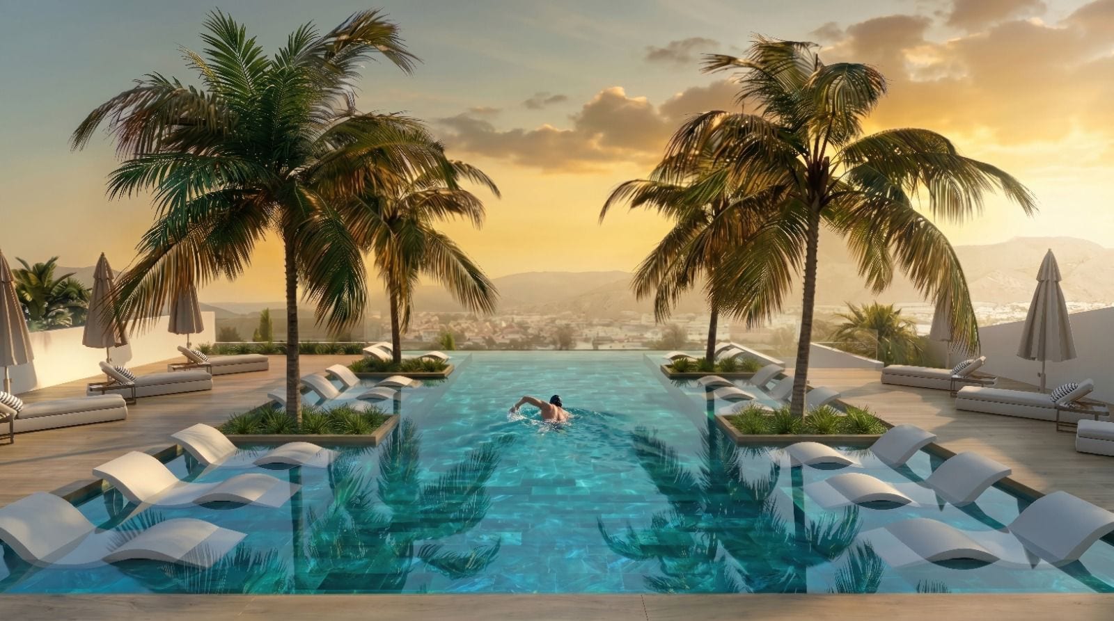 Projectvisualisatie van de geplande infinity pool van de SAVO-residentie aan de Costa Blanca, met uitzicht over de zee