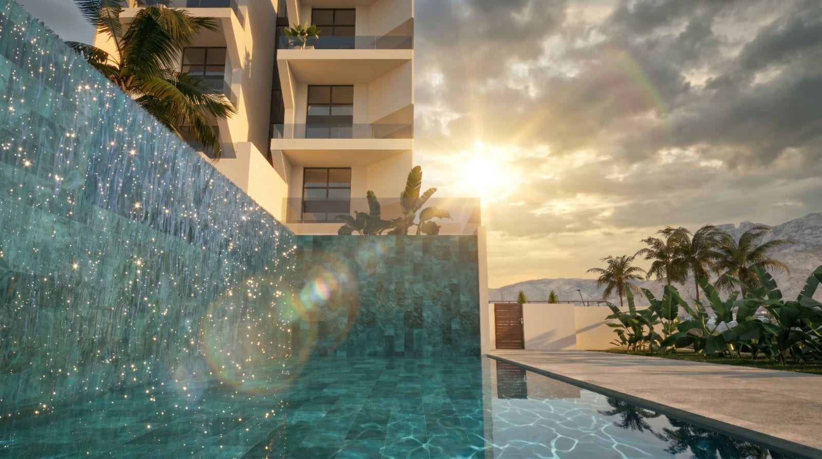 Villajoyosa Residence, Projektvisualisierung: ein Dachpool im Gegenlicht der tiefen Sonne, türkises Wasser im Vordergrund, dahinter Palmen und das Meer.