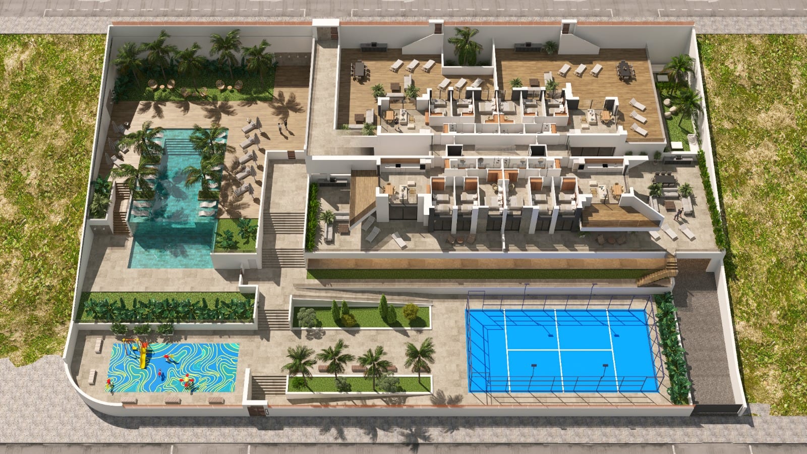 Villajoyosa Residence, infografía del proyecto: el plan general con piscina, pista de pádel, vegetación y zonas de estar