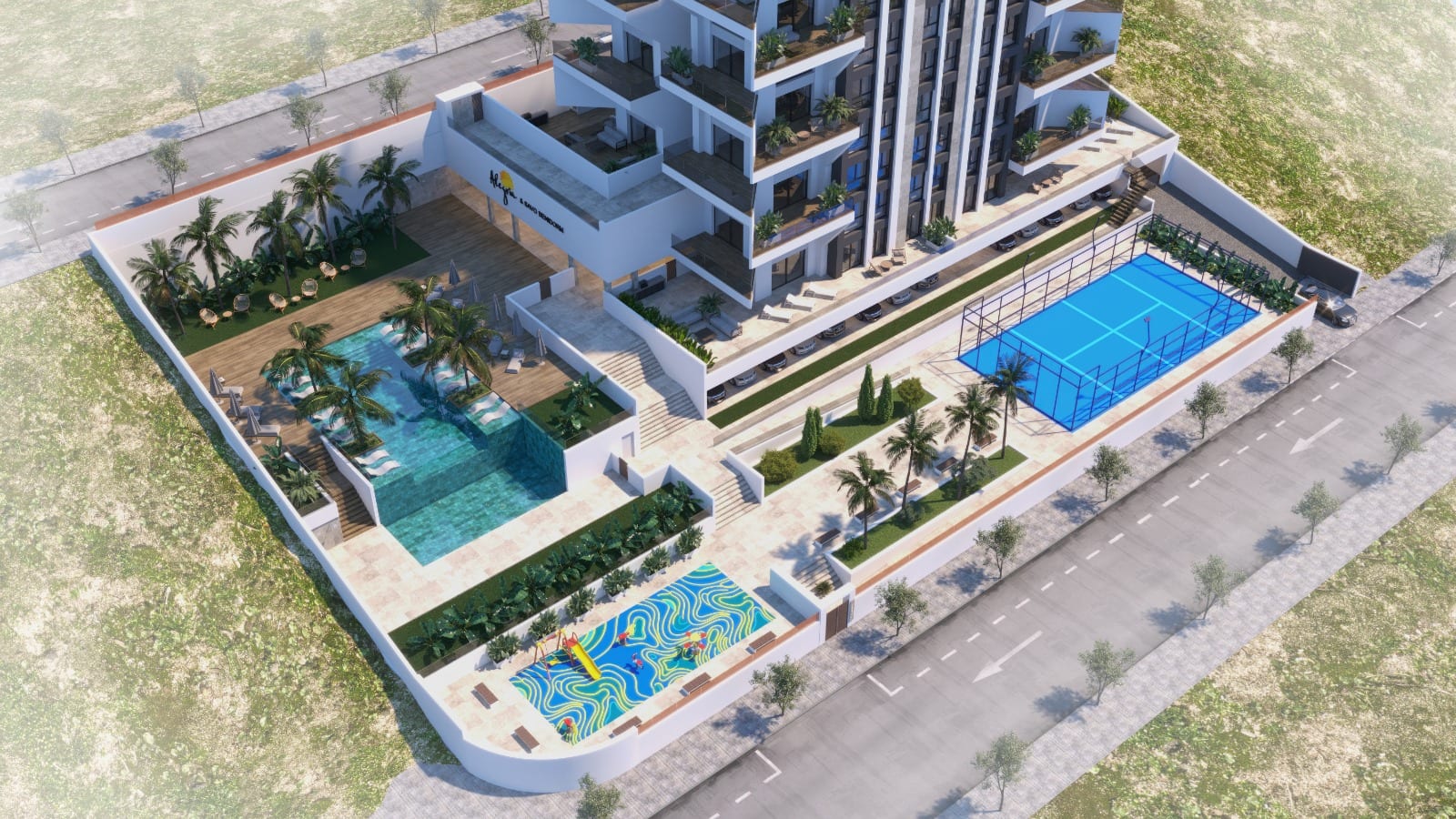 Villajoyosa Residence, infografía del proyecto: el edificio con su terraza de piscina y la pista de pádel vistos desde el aire