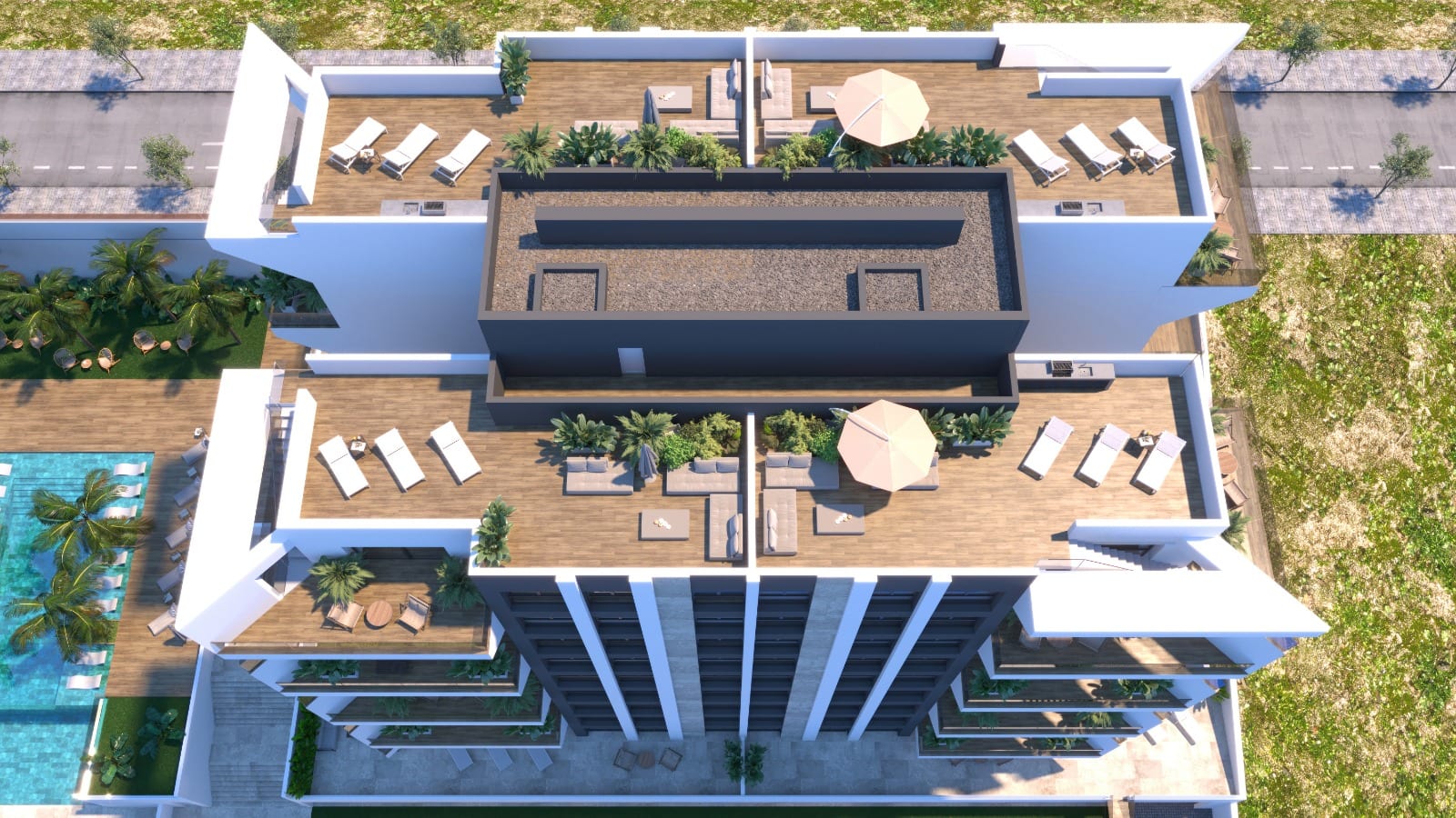 Villajoyosa Residence, infografía del proyecto: las terrazas de la cubierta con tumbonas, sombrillas y vegetación