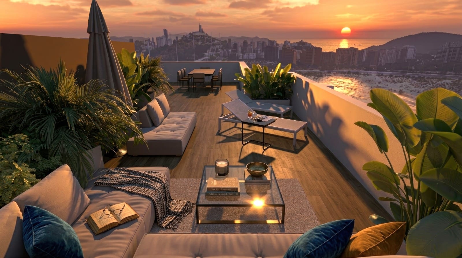 Villajoyosa Residence, projectvisualisatie: een dakterras bij zonsondergang met een lange bank, groen en de baai van Benidorm erachter